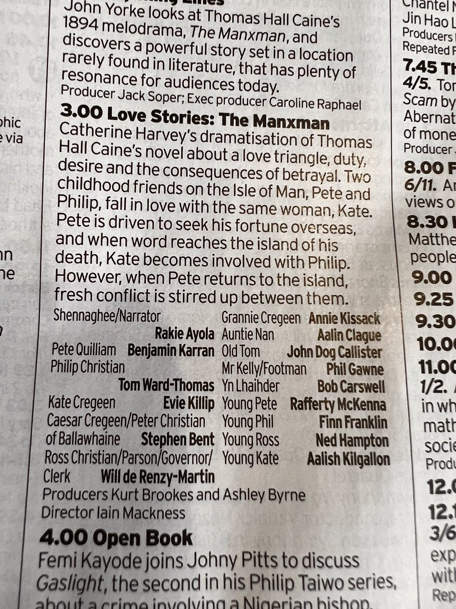 mimproductions's tweet photo. Pick of the Day in today’s Sunday Telegraph. Our drama on @BBCRadio4 @BBCSounds The Manxman dramatised for radio by @cathieharvey A love story set in the 1890s on the Isle of Man starring @Benjamin_Karran @RakieAyola @killipevie @TomWardThomas and more. See cast/crew list below. https://t.co/RrpbIzfoxT