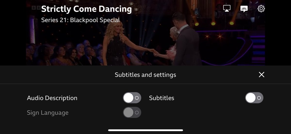 red_bin's tweet photo. @Jessica_mae_G97 There’s a solution I have found which works.  Go into iPlayer on your device, not your TV (I used an iPhone) and bring up last night’s episode. Top right, click on the middle icon and turn off audio description. Then go back to your TV and it will be fixed :) https://t.co/xoUev0ab7x