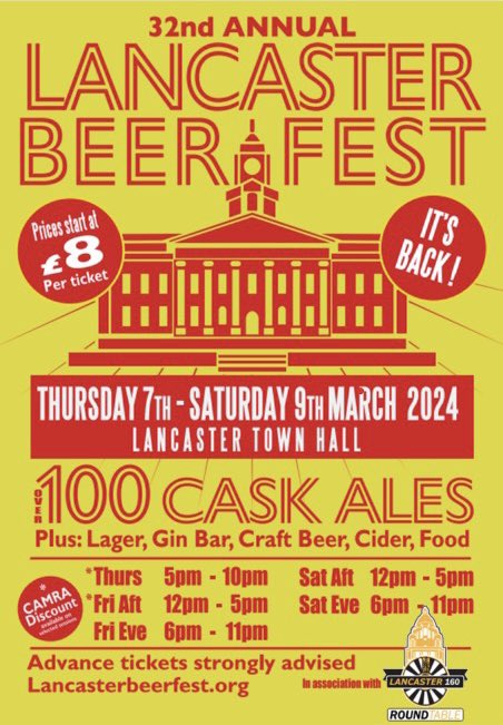 Lancaster Beerfest is BACK!!

After a few years off, we are very excited to announce that Lancaster’s original Beerfest is coming back for its 32nd year and will be running from the 7th – 9th March 2024 at Lancaster Town Hall.

Ticket link in bio 🎟️🍺