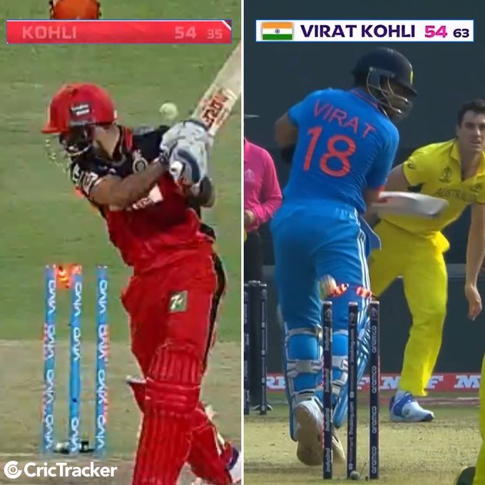 Johnsick_1's tweet photo. Virat Kohli scored 54 runs in his recording-breaking seasons of the IPL 2016 (973 runs) &amp; World Cup 2023 (765 runs) finals.

The mode of dismissals is also similar (inside edge)😳 #INDvsAUSfinal #ViratKohli #KLRahul #Surya #Shami #Ahmeda https://t.co/yGOoKYEYXv
