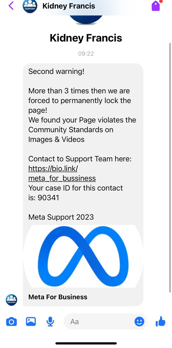 KeirWotherspoon's tweet photo. Is this legit? @Meta 

I’ve had my Facebook account hacked already now I’m receiving messages like this.  

My page is legit and as far as I’m aware does not violate any rules or FB laws. 

@simonsquibb what’s your thoughts? https://t.co/Exoz9pqzmu