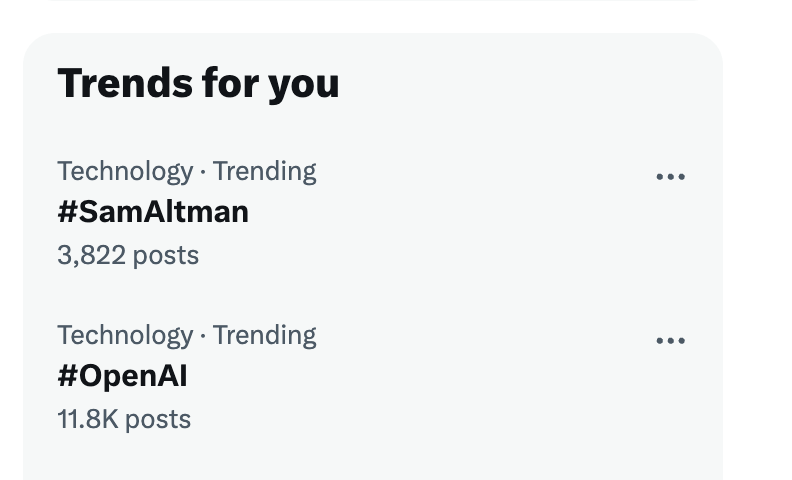 vietanhdev's tweet photo. SamAltman is now the top 1 trending for me.
OpenAI is top 2.
How about yours?
#SamAltman @OpenAI https://t.co/sV77lDPdNf