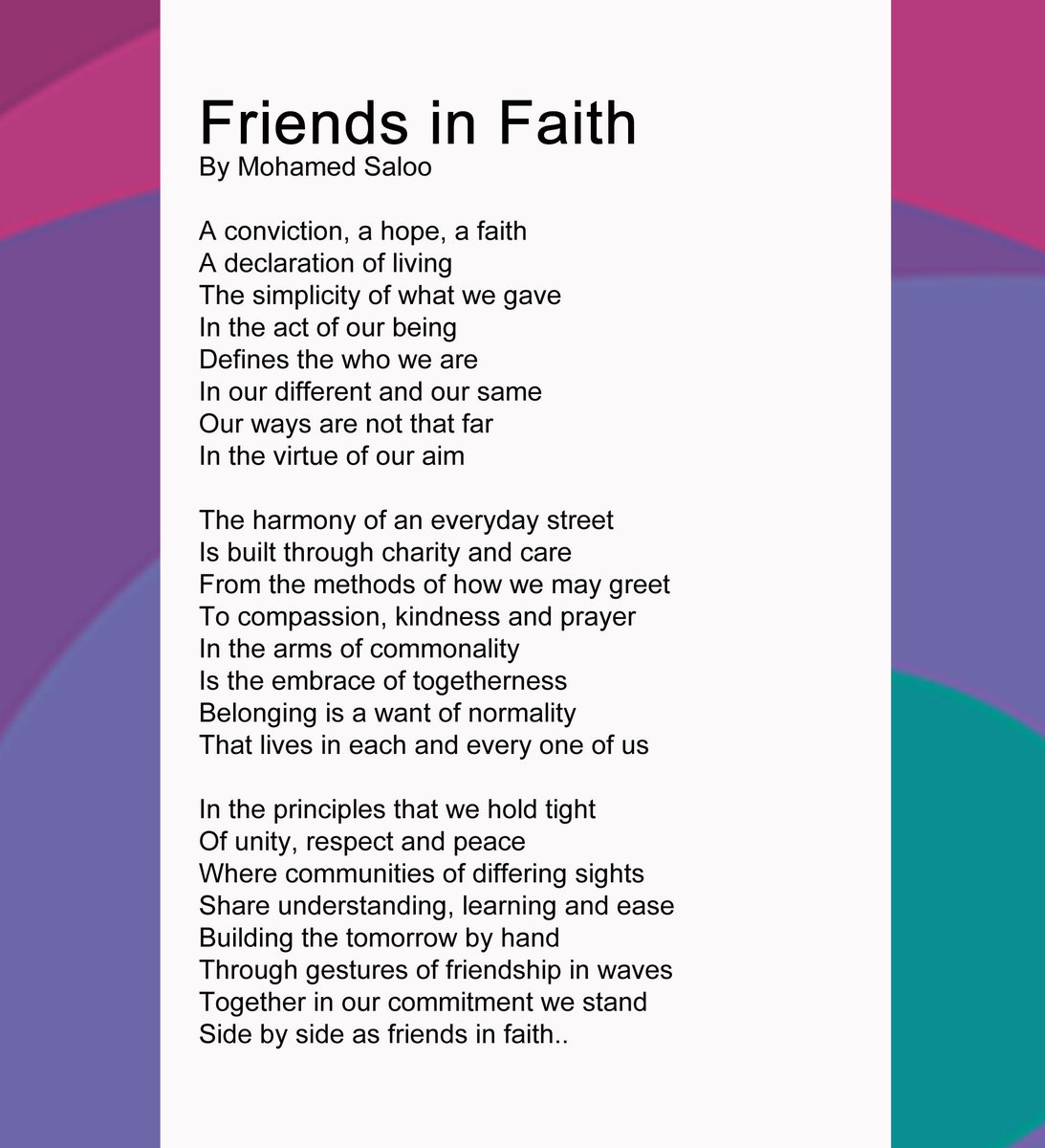 Mohamed Saloo (@muhmdibneahmd) on Twitter photo Share A Poem for <a href="/IFWeek/">Inter Faith Week</a>
Use the tag #ShareAPoemIFW
Here's one from me
Friends in Faith
<a href="/BatleyPoets/">Batley Poets</a> Share A Poem for <a href="/IFWeek/">Inter Faith Week</a>
Use the tag #ShareAPoemIFW
Here's one from me
Friends in Faith
<a href="/BatleyPoets/">Batley Poets</a>