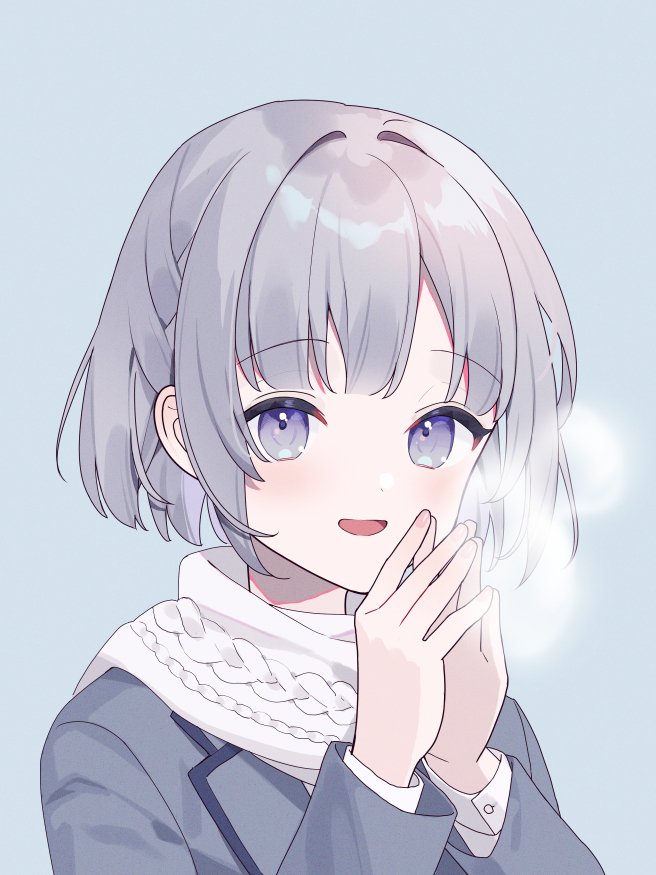 1girl solo scarf smile grey hair looking at viewer upper body  illustration images