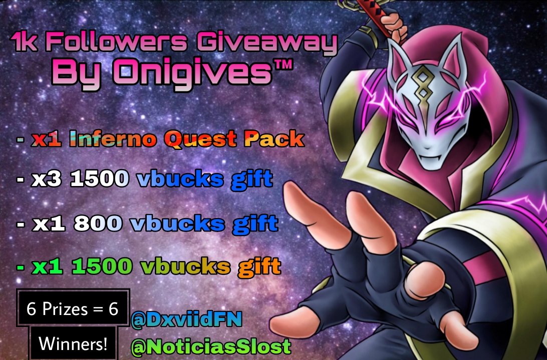 OniGives's tweet photo. Anuncio sorteo por mis 1k followers! 

Más vale tarde que nunca 🤭

Requeriments 📩
RT &amp; ❤
Follow @OniGives with Notis on 🛎 ✅
Follow @DaaviidFN ✅
Follow @NoticiasSlost ✅

Este gran sorteo termina en 3 días. Gracias por apoyarme tanto, sois los mejores ❤

Prizes in image 🎁 https://t.co/fY9BJH95EV
