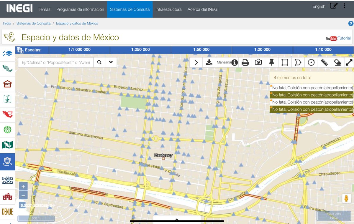 Cada que alguien se queje de los nuevos cruces seguros en el centro de Monterrey, enséñenles este mapa (te estoy hablando a ti <a href="/elpatozambrano/">Patricio Zambrano</a>)

Cada triangulo gris es un cruce donde han atropellado a por lo menos un peatón en los últimos 5 años

Fuente: inegi.org.mx/app/mapa/espac…