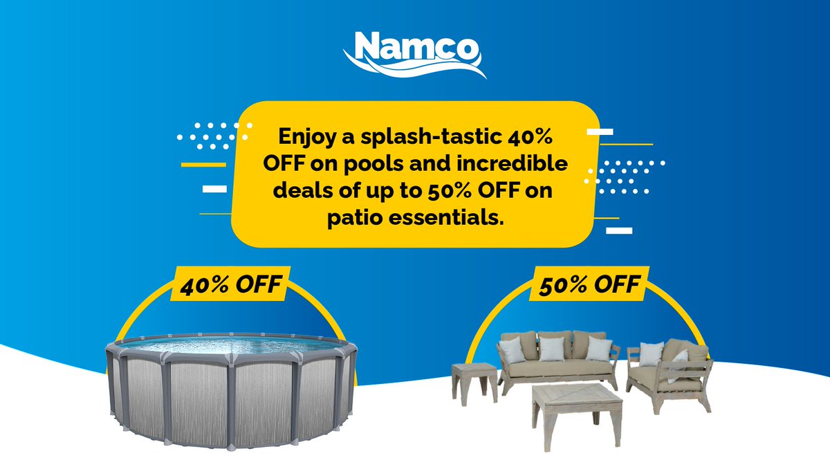 NamcoPools's tweet image. Dive into savings with Namco Pools' Black Friday Sale! Enjoy a splash-tastic 40% OFF on pools and incredible deals of up to 50% OFF on patio essentials!

Visit our website at namcopool.com/black-friday-2…

#NamcoBlackFriday #PoolSale