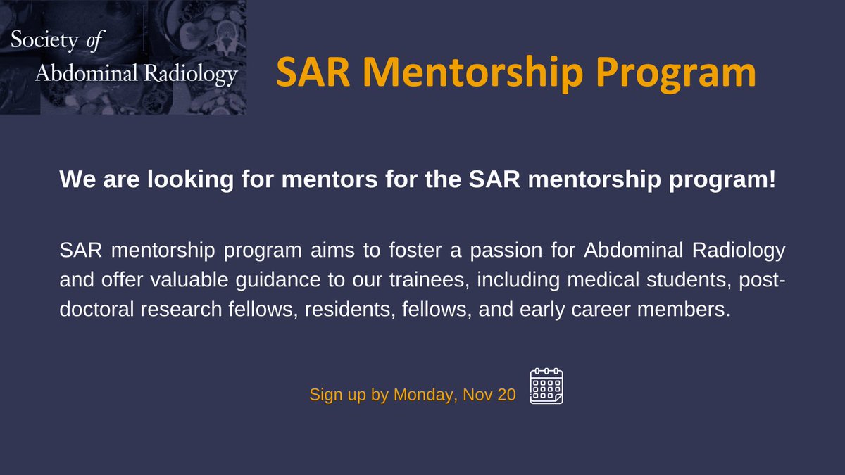 Final Reminder: Mentorship roles for #SARMentorship in Abdominal Radiology are closing soon! Shape the future of #AbdRad. Deadline is tomorrow, Nov 20. Sign up immediately! docs.google.com/forms/d/e/1FAI…