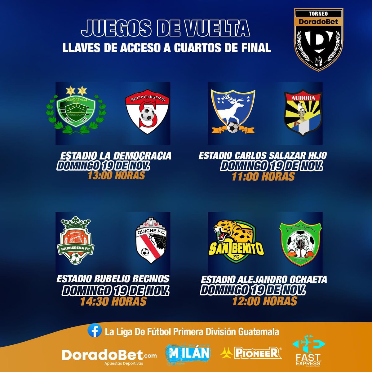 EdwinFajardoFH's tweet image. ¡SE VIENEN LOS PARTIDOS DE VUELTA DE LAS LLAVES DE ACCESO A LOS CUARTOS DE FINAL DE LA #PrimeraDivisión!

#Barberena [0] vrs  #Quiché FC [0] 
#SanBenito [4] vrs #Copalera [4]
#LaDemocracia [0] vrs #Sacachispas [3]
#Suchitepéquez [1] vrs #Aurora FC