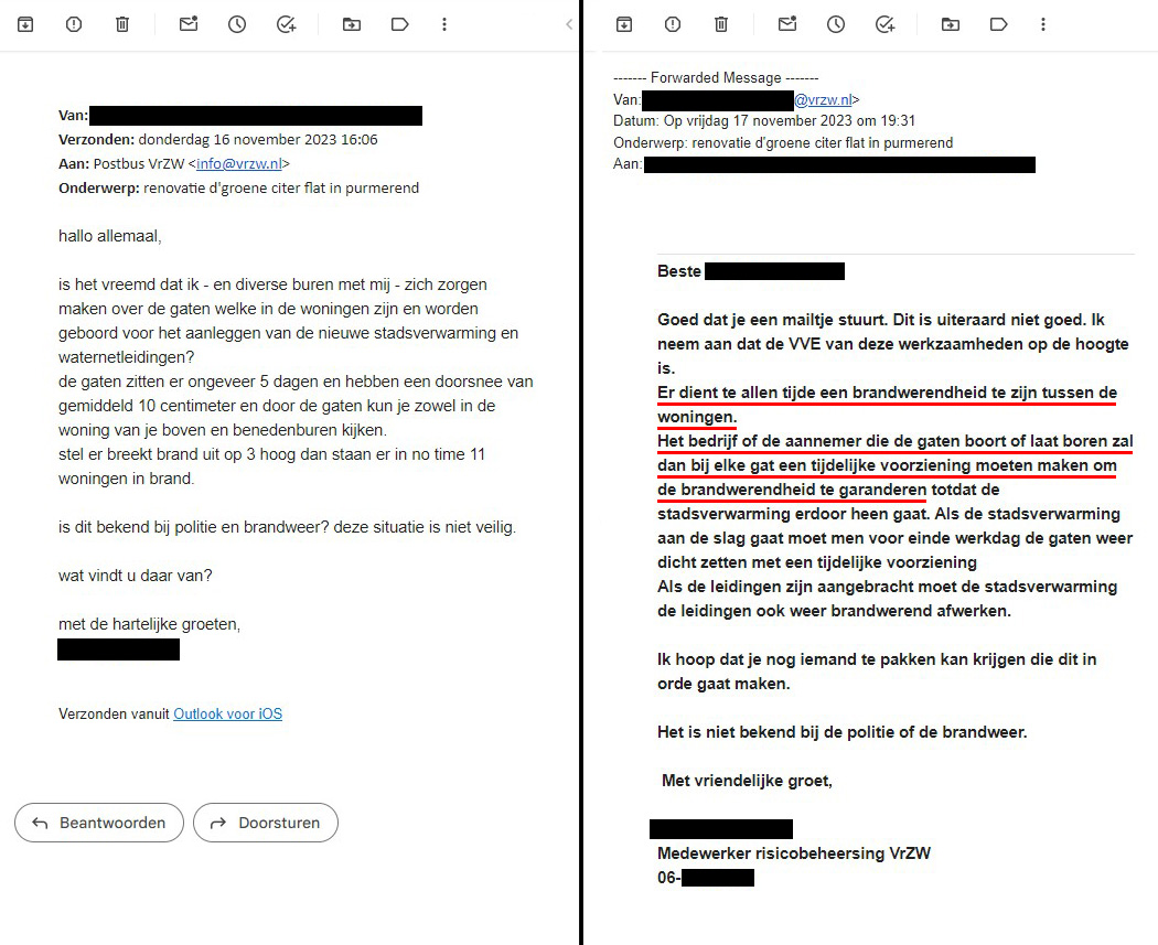 Intermaris en Hemubo lappen veiligheidsvoorschriften aan hun laars bij renovatie D' Groene Citer. #Purmerend #Brandgevaar
Zie afbeelding. Links de vraag van bewoners, rechts het antwoord van #VrZW
<a href="/groot_waterland/">Groot-Waterland</a>