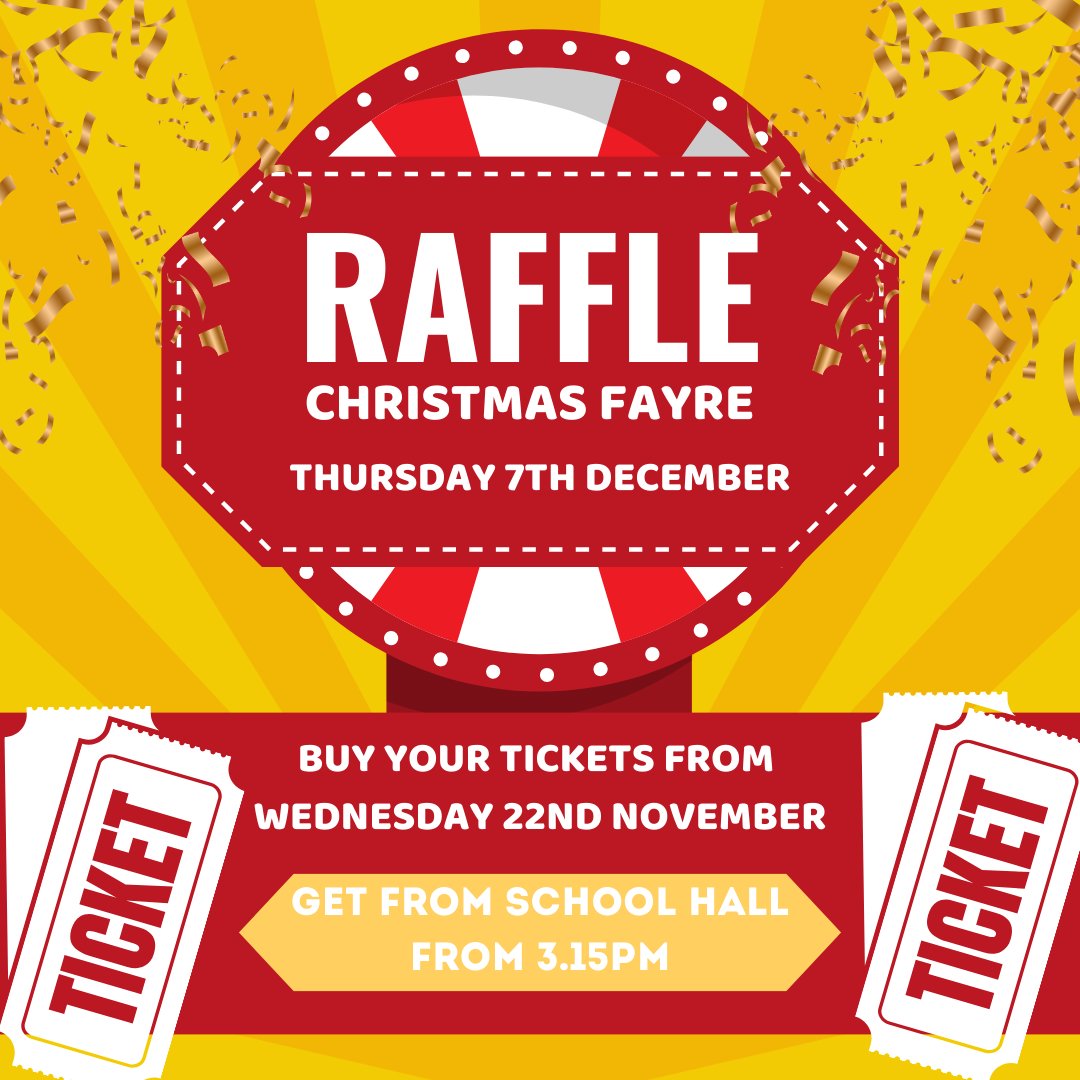 ColumbMinorAcad's tweet image. Raffle tickets will be on sale from Wednesday 22nd November from school hall from 3.15pm 🎟️ Plus they will be coming home in book bags and on sale at the Christmas Fayre on Thursday 7th December #raffle #cashprizes #fobs #fundraising