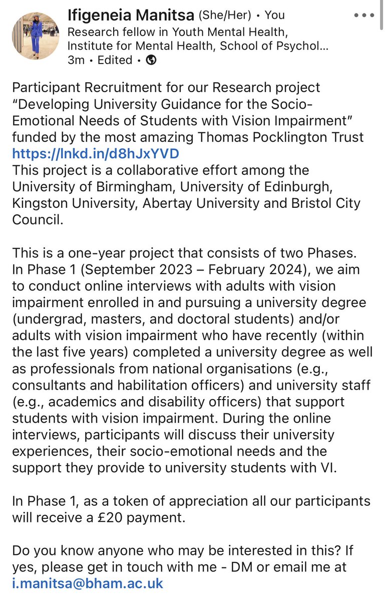 Looking for more university students with VI, people who have completed their degrees within the last 5 years and professionals who have experience in working with university students with VI to participate in an online interview with me.
Feel free to DM me

@IMH_UoB @TPTgeneral