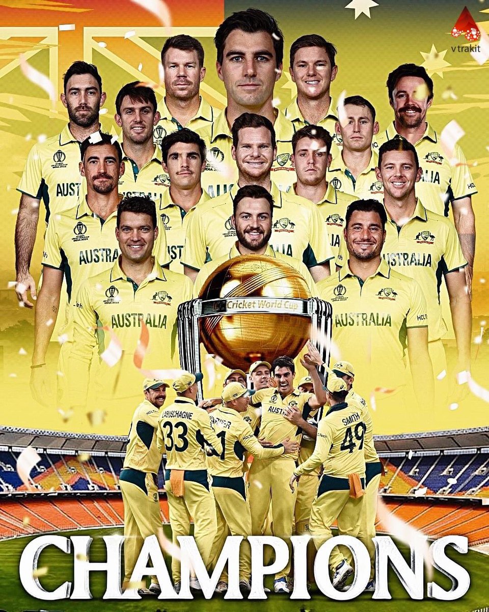 RealTimesNews1's tweet photo. A dominant win from the Aussies, 𝗖𝗵𝗮𝗺𝗽𝗶𝗼𝗻𝘀 of the world cricket once again 🏆👏 #CWC23Final #INDvsAUS https://t.co/3twdnCSK0r