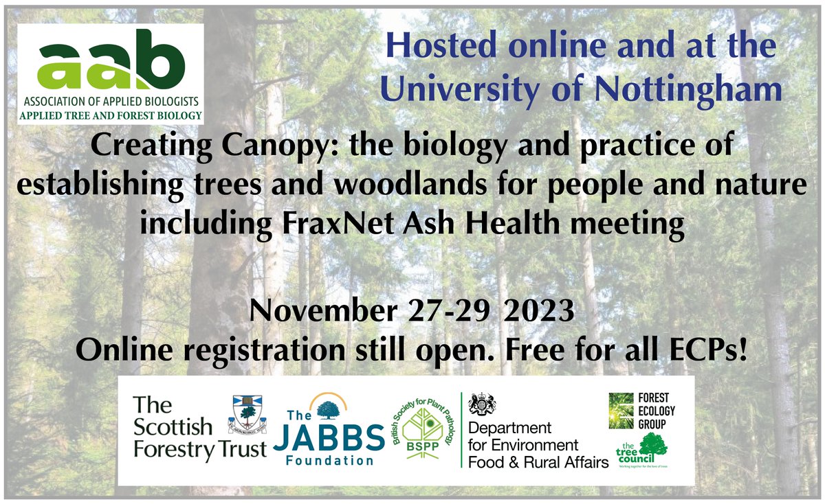 One week until 'AAB Creating Canopies and FraxNet Ash Health' meeting. 📆 Nov 27-29 in Nottingham and online Online registation still OPEN -> FREE for all ECPs thanks to support from @DefraGovUK 🕸️ cvent.me/g7VdrO