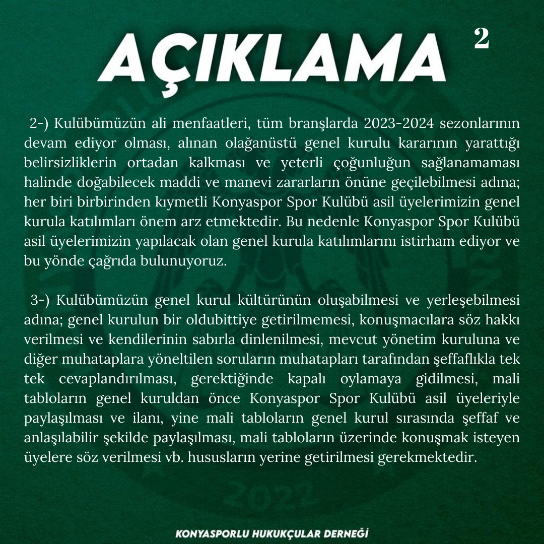kshukukdernek's tweet photo. Konyaspor Spor Kulübümüzün 20 Kasım 2023 tarihli Olağanüstü Genel Kurulu hakkında açıklamalarımız. https://t.co/XLYxP4sqUu