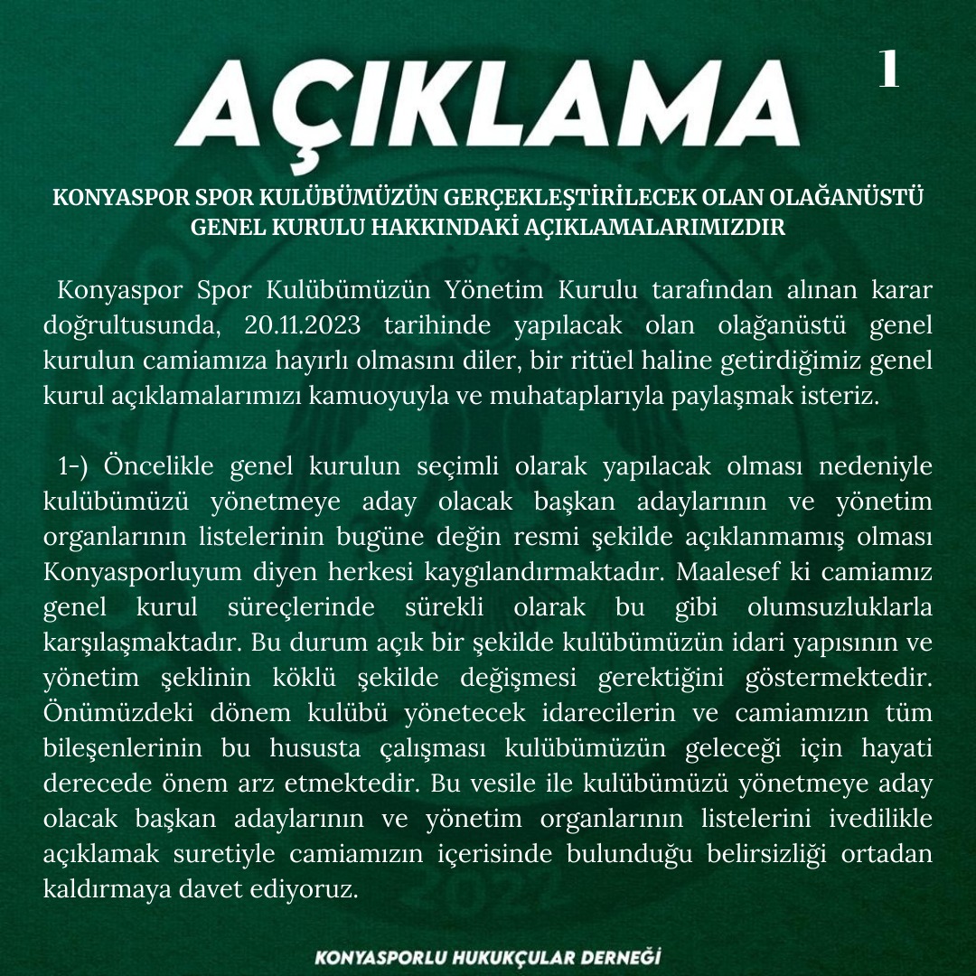 kshukukdernek's tweet photo. Konyaspor Spor Kulübümüzün 20 Kasım 2023 tarihli Olağanüstü Genel Kurulu hakkında açıklamalarımız. https://t.co/XLYxP4sqUu