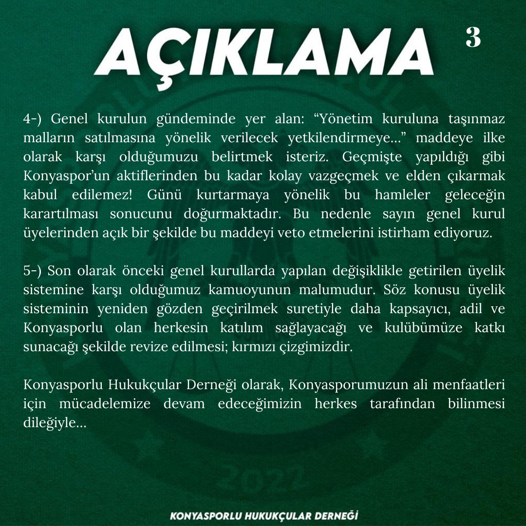 kshukukdernek's tweet photo. Konyaspor Spor Kulübümüzün 20 Kasım 2023 tarihli Olağanüstü Genel Kurulu hakkında açıklamalarımız. https://t.co/XLYxP4sqUu