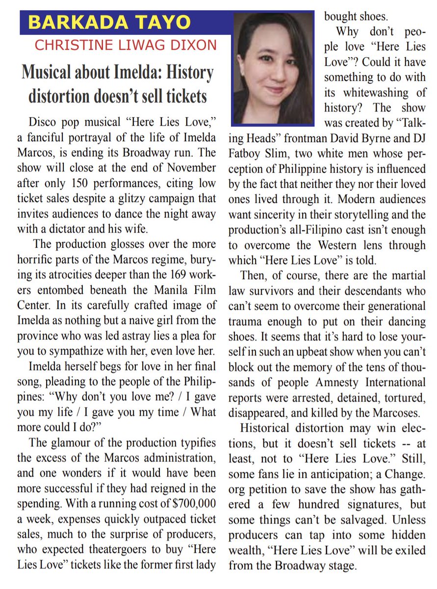 'The glamour of [Here Lies Love] typifies the excess of the Marcos administration, and one wonders if it would have been more successful if they had reigned in the spending. ' My latest column in the Filipino Star News.