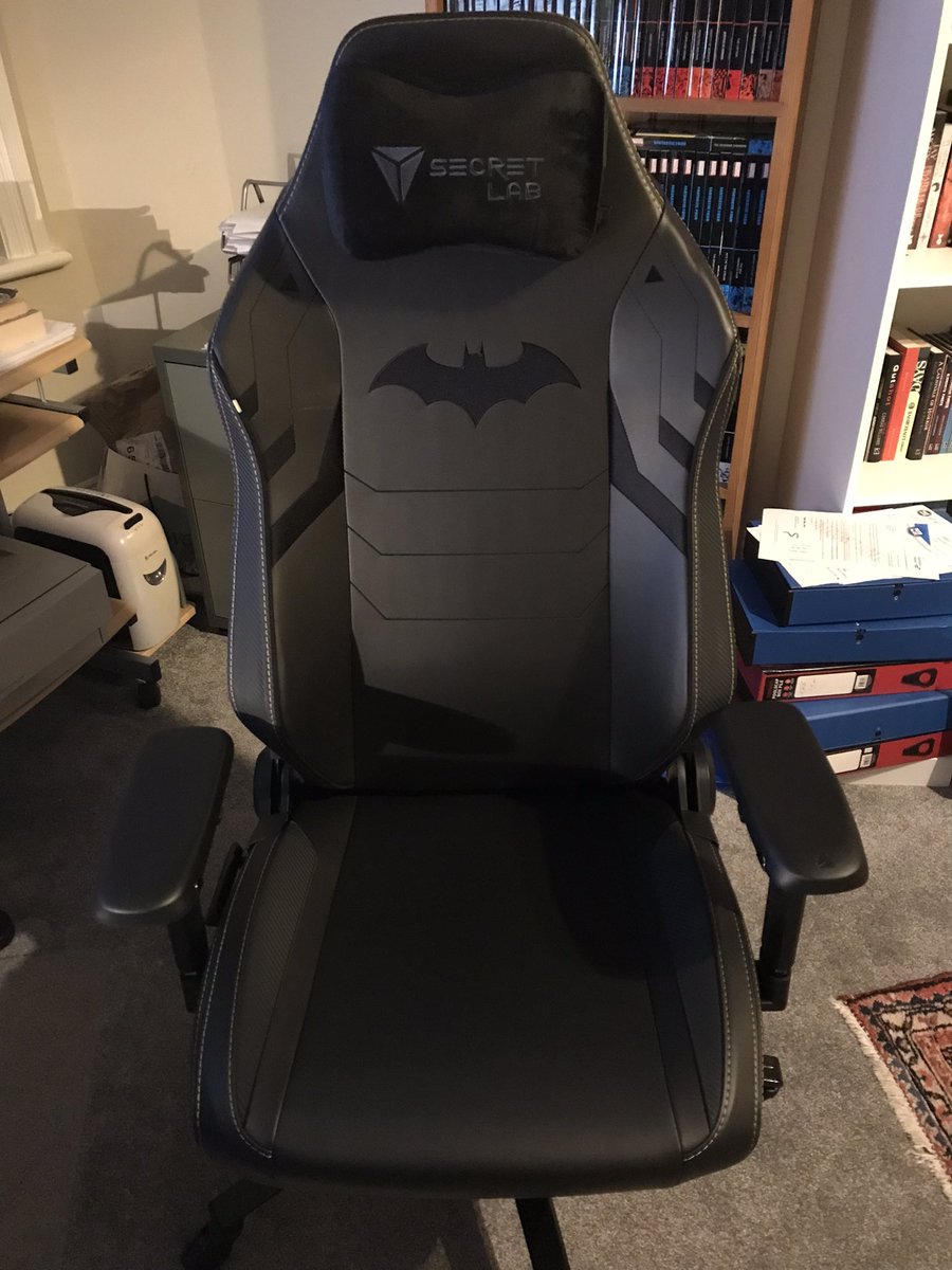 Holy recliner mechanism! A Bat-chair! After probably too long, I decided to buy myself a decent desk chair. That it happens to be Batman-themed is, of course, purely incidental.