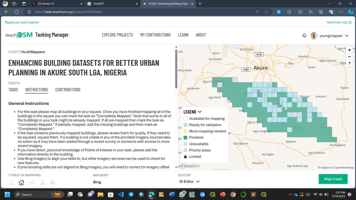YouthMapperFUTA's tweet image. We are thrilled to announce the result of @osmgeoweek mapathon. 
A big kudos to everyone that participated in this one-week mapathon as we celebrate and observe the #OSMGeoWeek. Over 35000+ building edits created, with 100% completion and 70% validated tasks.

@youthmappers
