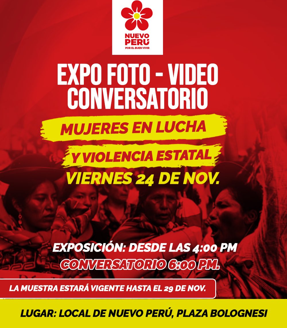 #ExpoFotoVideo🎞️🙋🏽‍♀️| En el marco del #25N te invitamos a la Exposición Audiovisual "#MujeresEnLucha y #ViolenciaEstatal" que relata el proceso de resistencia de las mujeres contra la dictadura.

🗓️ Viernes 24/Nov
🕐Exposición 4pm  - Conservatorio 6pm
📍Plaza Bolognesi 590, Lima