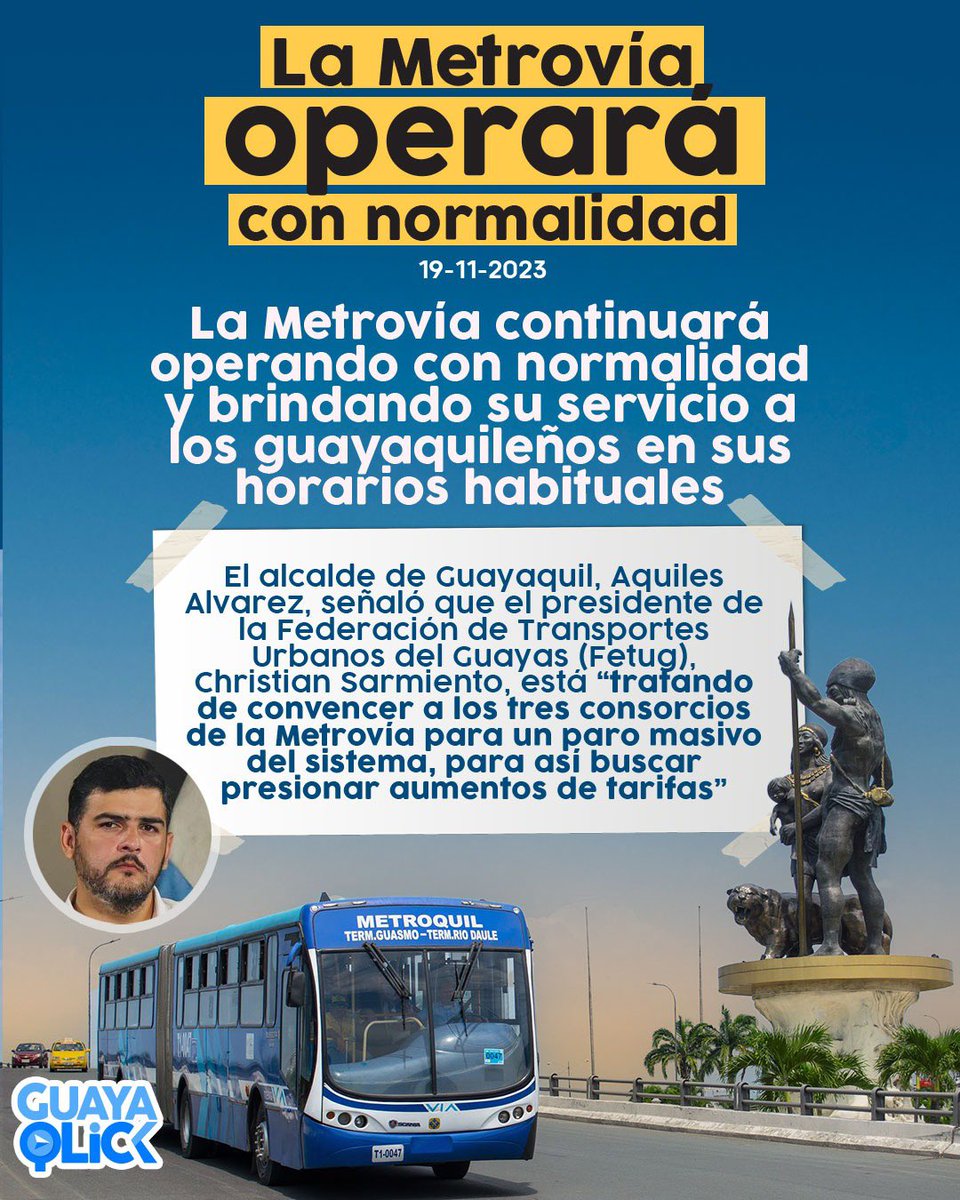 ¡Ponte pilas! 👀

La Metrovía continuará operando con normalidad y brindando su servicio a os guayaquileños en sus
horarios habituales 🤝🏼😎

@aquilesalcalde @metroviagye