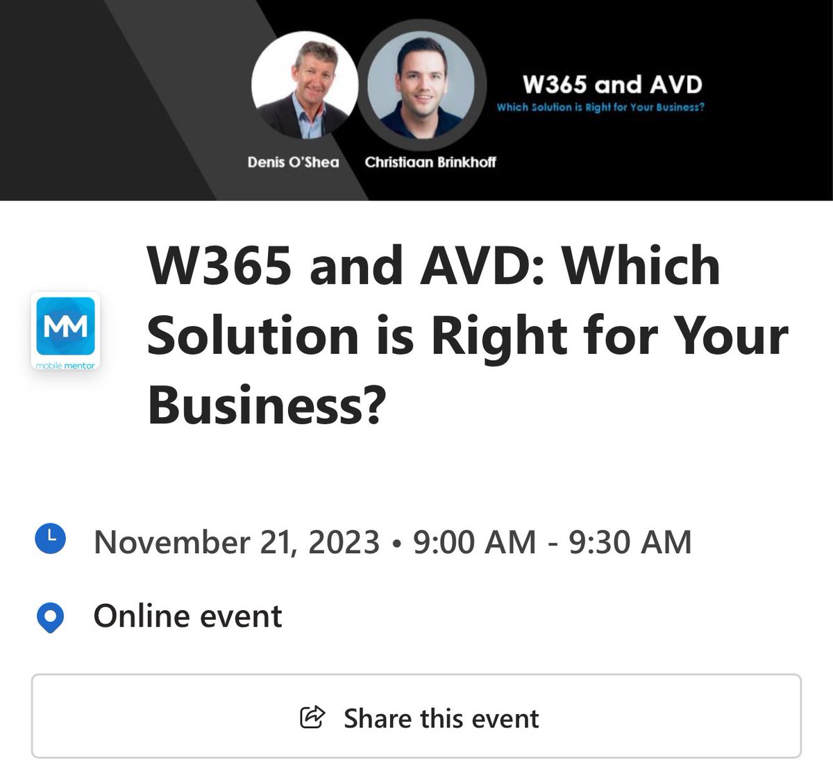 REGISTER NOW! 📆 Free upcoming webinar - #W365 and #AVD: Which Solution is Right for Your Business? Join me Tue, Nov 21 | 9:00 AM - 9:30 AM PST with Denis O'Shea talking about ⬇️ 

- Gaining an understanding of Windows 365 and Azure Virtual Desktop
- Specific Use cases for