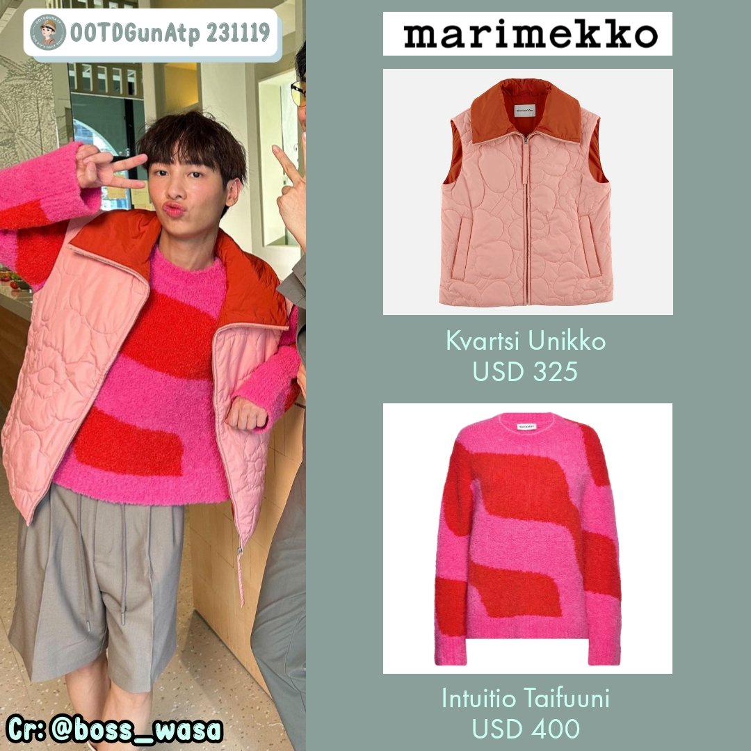 OOTDGunAtp's tweet photo. ⚡Gun's outfit for #WhatsZabbMV on 231119⚡

MARIMEKKO
Kvartsi Unikko
$325 ≈฿11,504 ≈Rp5.013.000

Intuitio Taifuuni
$400 / ฿15.900 ≈Rp6.170.000

#กันอรรถพันธ์น่ารักกว่าที่คิด
#กันอรรถพันธ์
#GunAtpStyleNov23
#GunAtthaphan https://t.co/zA1lD7Dzx7