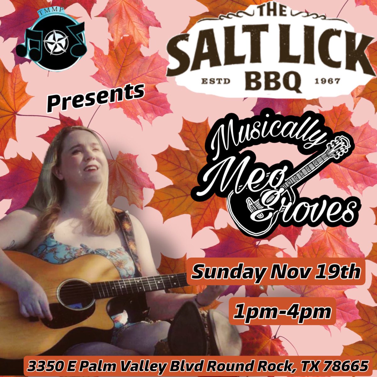 meggrovesmusic's tweet photo. Final show of the weekend! Let’s have some BBQ and play some live music!
🎶The Salt Lick🎶
Sunday Nov 19th
1pm-4pm
3350 E Palm Valley Blvd
Round Rock, TX 78665
#livemusic #roundrock #TMMP #music #musician https://t.co/LQ520WXiFX