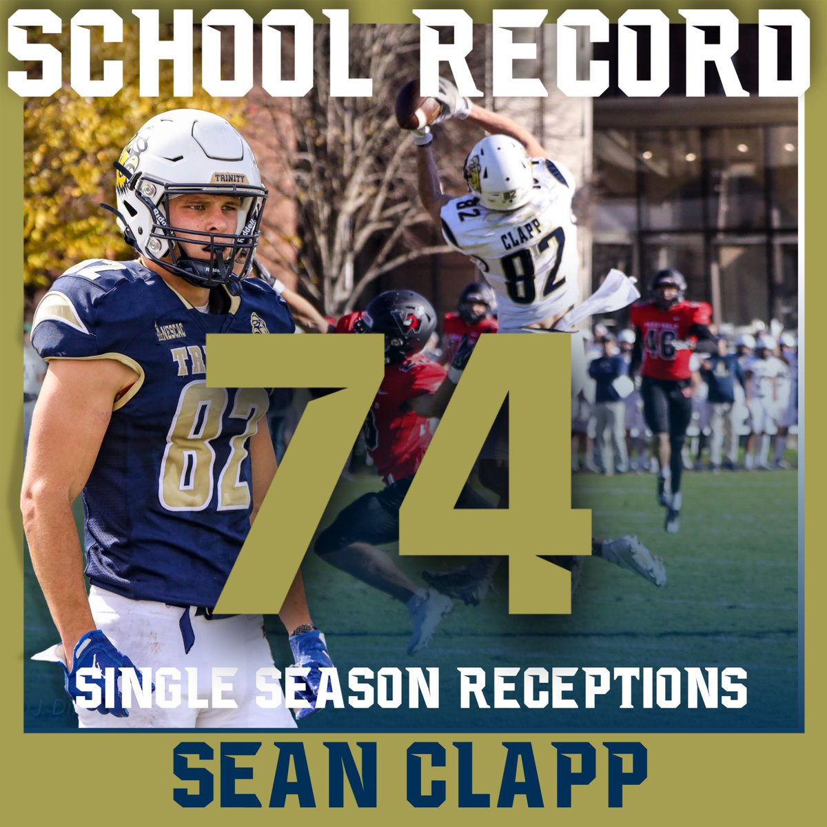 TrinCollFB's tweet photo. Junior Wide Receiver Sean Clapp broke the school single season records for Receiving Touchdowns, Receptions and Yards!

#RollBants #TrinColl https://t.co/Mwgq0MCrAY