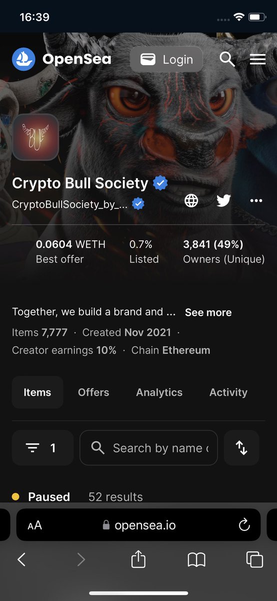 CryptoCranium4's tweet photo. Not entirely sure how I feel about this, only 52 listed on #Opensea for my @Crypto_Bull_Soc π
Happy that thereβs significant interest in the project again but on the flip side should have added to my bag in the last week π’
Weβll be back over 1ETH very soon π€©
#CBSStampede https://t.co/pnxm1WT6U5