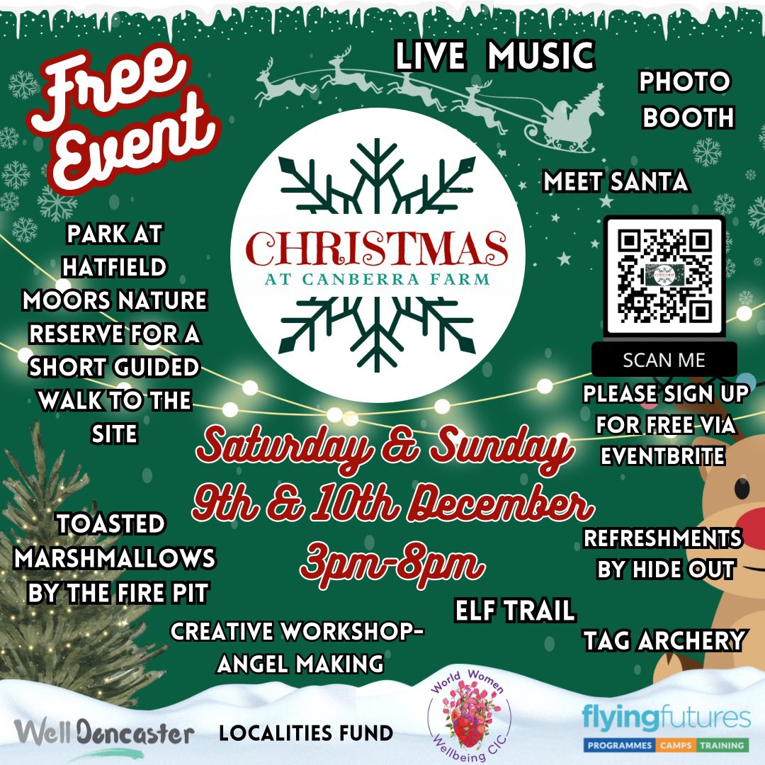 FlyingFutures's tweet photo. Christmas at Canberra Farm 🎄🎅🏻🧑‍🎄

We have a FREE Christmas event taking place at Canberra Farm, Doncaster. 🎄

Join us for a lovely family Christmas afternoon of food, entertainment, games 🎅🏻

Sign up now!

#christmasevent #christmas #doncasterisgreat #christmasatcanberrafarm https://t.co/kj55kHRMlf