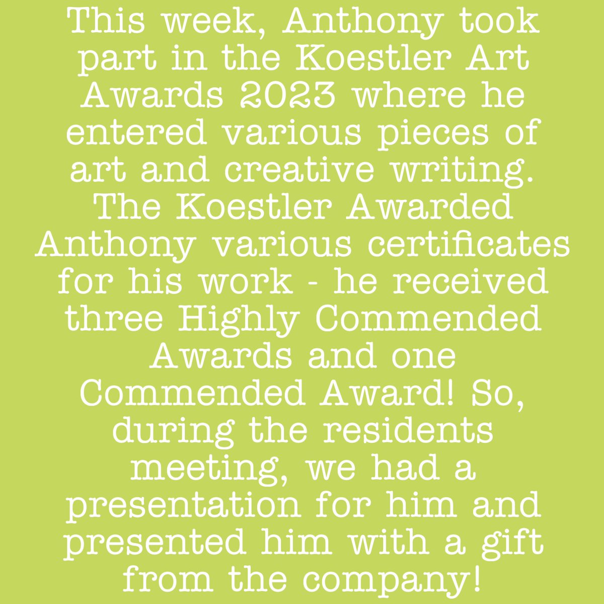 Caminohealth's tweet photo. Amazing artwork and awards at Cromwell House this week, congratulations Anthony! #artwork #artist #amazingartwork #art #award #koestlerawards #koestler #awardwinning #congratulations #presentation #awardpresentation #gift #mentalhealth #mentalhealthawareness #mentalhealthmatters https://t.co/1G4d5ElhSA