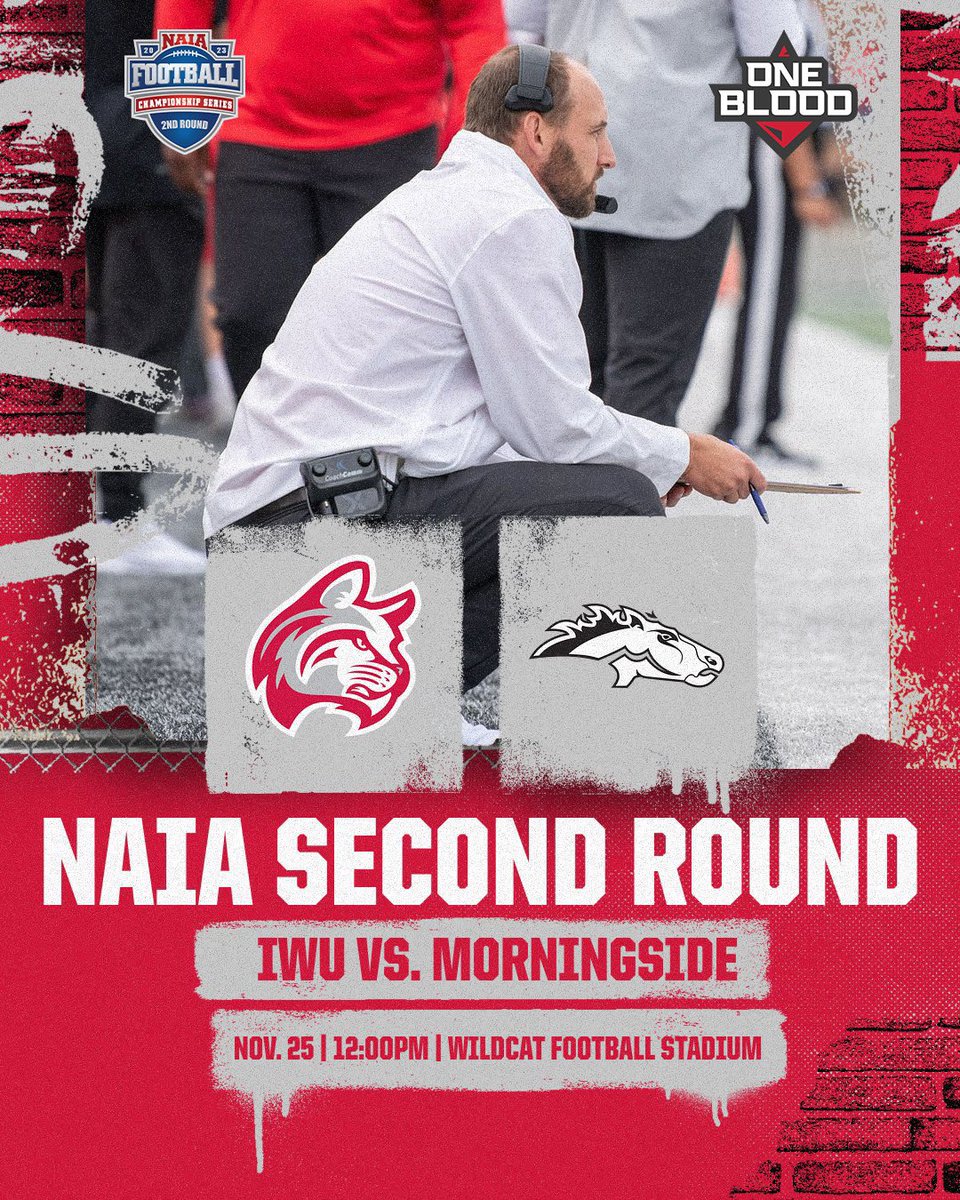 IWUWildcats's tweet image. We are in for a good one! 👀

@IndWesleyan_FB will square off against Coach Rode’s former team in the NAIA FCS Second Round! 🏈

🆚 Morningside
🗓️ Saturday, Nov. 25
⏰ 12:00PM
📍 Marion, IN

#BothAnd | #OneBlood