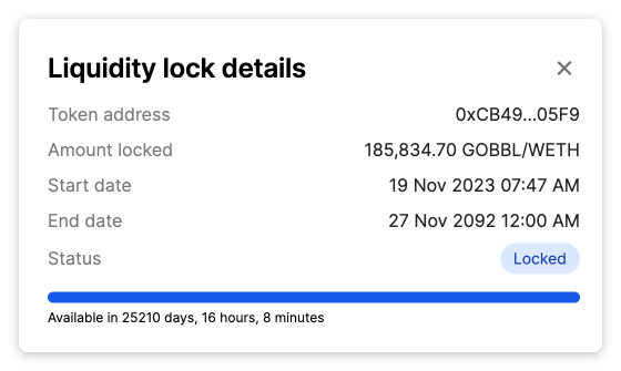 GOBBL_DN's tweet photo. The LP tokens for $GOBBL have been locked for 69 years - until thanksgiving, 2092. https://t.co/Zpei4jkbHk