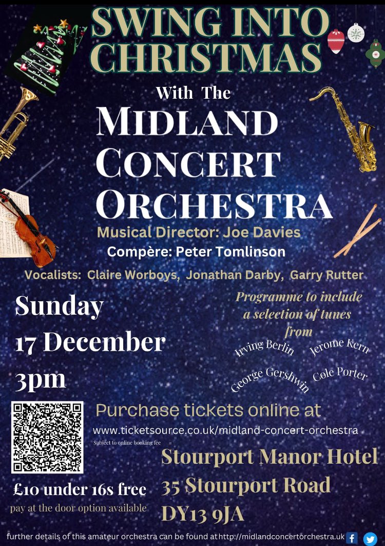 Swing into Christmas! With <a href="/midconorch/">Midland Concert Orchestra</a> <a href="/StourportManor/">Hallmark Hotel Stourport Manor</a> Sunday 17 December 🎄🎶 🎷 🎻 🎅