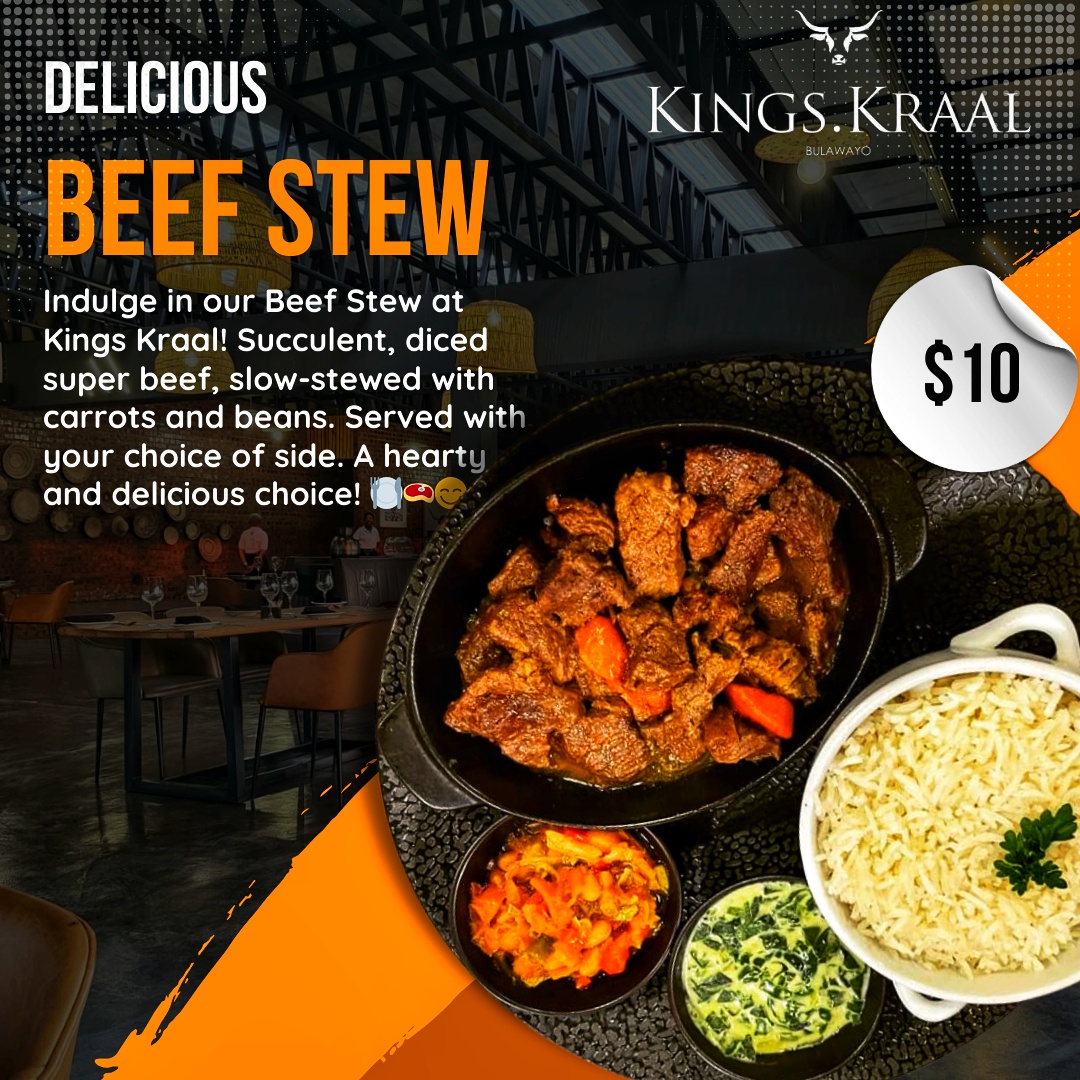 Indulge in perfection with our delicious beef stew! 💫 Tender super beef, diced and stewed with carrots and beans, served with your choice of side. All this goodness for only $10. 🥩✨ #BeefStew #SavorTheFlavor #KingsKraalDelights