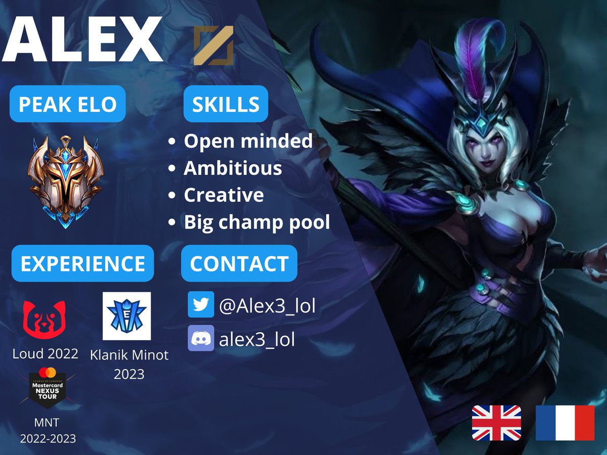 Hi !
 I'm LFT for the 2023 Spring split as a midlaner.
I will consider every options.
Fluent in French and English  VODs available  References :
<a href="/Karot_lol/">GL Karot</a> ,<a href="/Cekean/">Cekean</a>,<a href="/hellombre/">Hellombre 🦈</a> 
❤️ &amp;  🔄appreciated