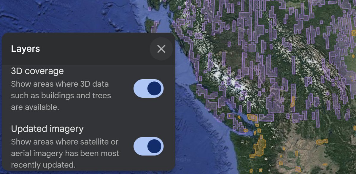 Want to see the newest, freshest satellite imagery on
@GoogleEarth &amp; @GoogleMaps?

1) Open earth.google.com/web or the app
2) Open ‘Layers’ menu
3) Turn on ‘Updated Imagery’
4) Zoooom into the (purple) outlined areas!

(Also check out 3D coverage, Timelapse, Photos)