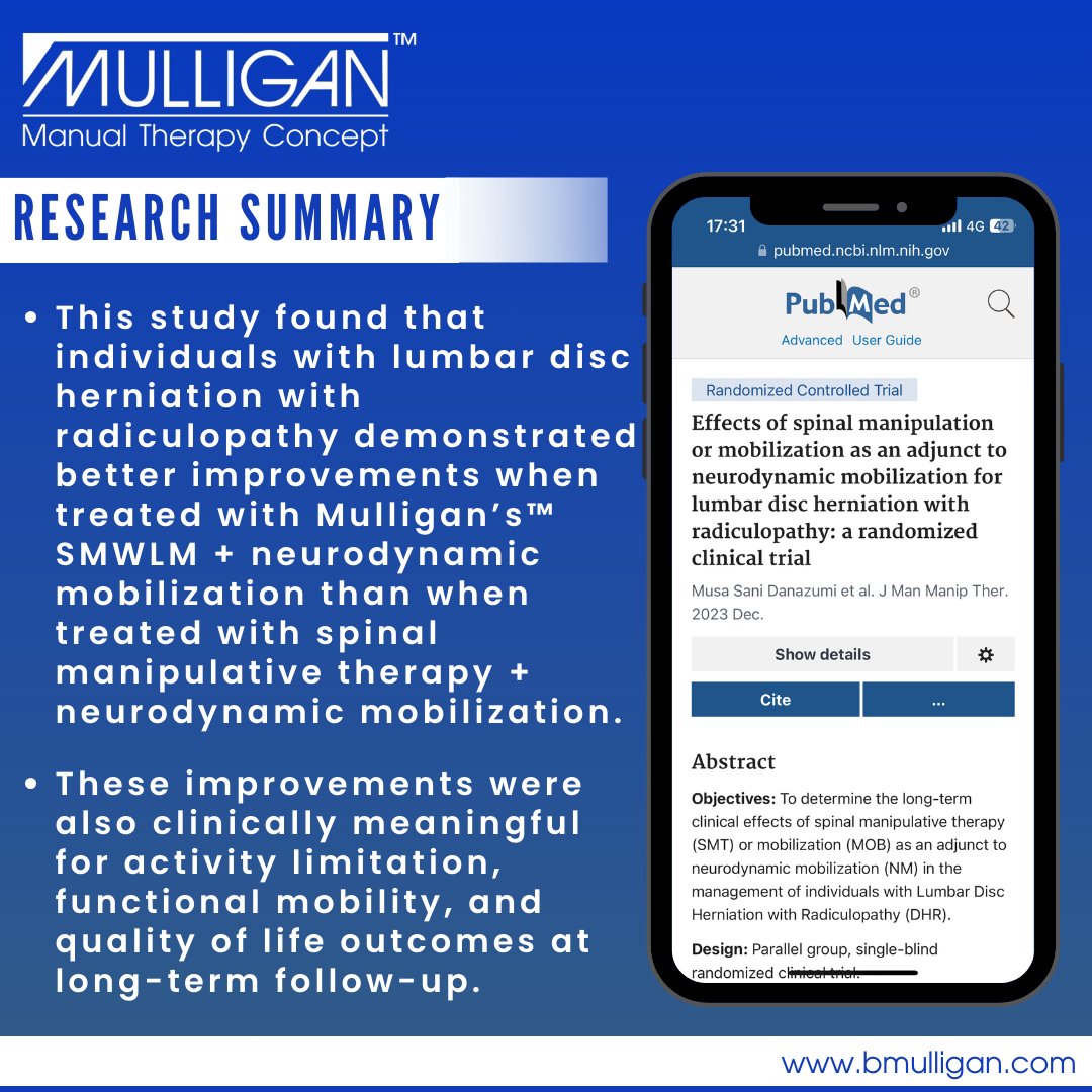 mulligan_int's tweet photo. A study compared two treatments for lumbar disc herniation with Radiculopathy. Results favored Mulligan's SMWLM plus Neurodynamic Mobilization, showing reduced pain, improved mobility, and enhanced neurodynamic testing. https://t.co/qICh96L2NW
