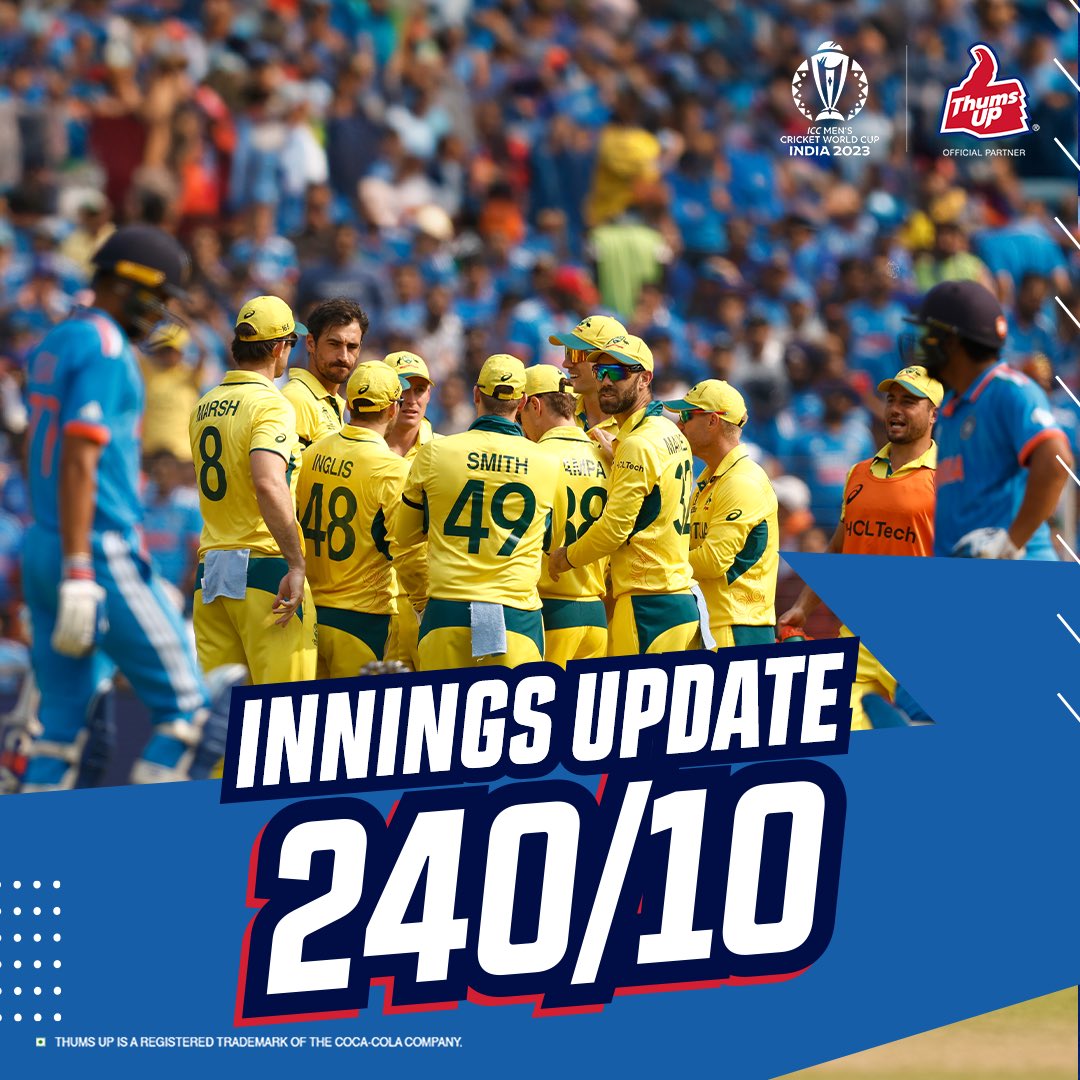 🚨INNINGS UPDATE🚨 240/10 #INDvsAUS Time to unleash the storm and turn the tide💪 C’mon bowlers, toofan macha do! #ThumsUp #Toofan #IndiaWillWin #CWC23 #IndiaToofanMacha #WorldCupFinals #WorldCup2023Final #TeamIndiainFinal @imjadeja