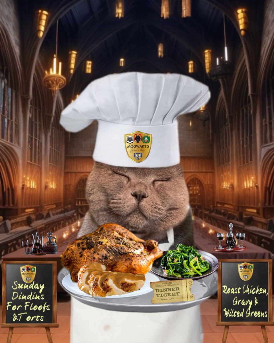MogwartsSchool's tweet photo. Mmmmm... What's that smell??? *Sniffy ears* Smells like Baz's special Sunday Chicken Roast with wilted greens!!! Wait... IT IS!!!!
Served 1pm in the great hall!!
Don't forget your dindin ticket. No pushing in the queue!! #Mogwarts #imfirst https://t.co/D8lZUnOKNM