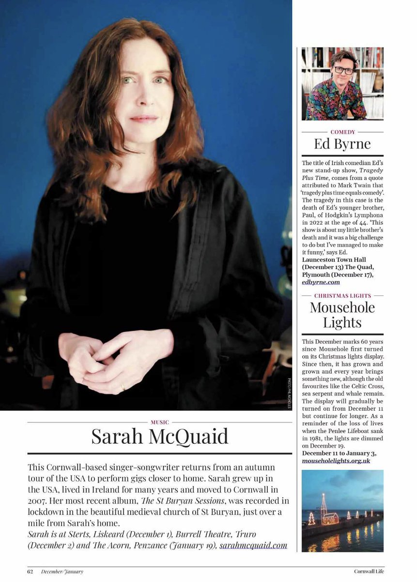 sarahmcquaid's tweet photo. Huge thanks to @CornwallLifeMag for this lovely plug for my #concerts at @StertsTheatre Dec 1, @BurrellTheatre @TruroSchool Dec 2 and @AcornPZ Jan 19!
#cornwall #kernow #sterts #stertstheatre #uptoncross #liskeard #truro #burrelltheatre #acornpenzance #penzance #sarahmcquaid https://t.co/dExZCoHeY0