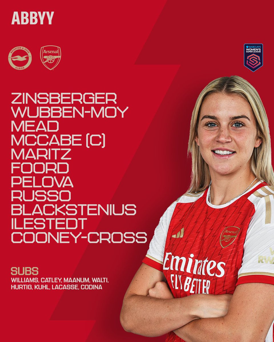 ArsenalWFC's tweet photo. 🔴 𝗧𝗘𝗔𝗠𝙉𝙀𝙒𝙎 ⚪️

©️ McCabe skippers the side
😍 Mead makes first @BarclaysWSL start of the season
⭐️️Stina leads the line

Time to give our all, Gunners 👊 https://t.co/sXIM75GCVC