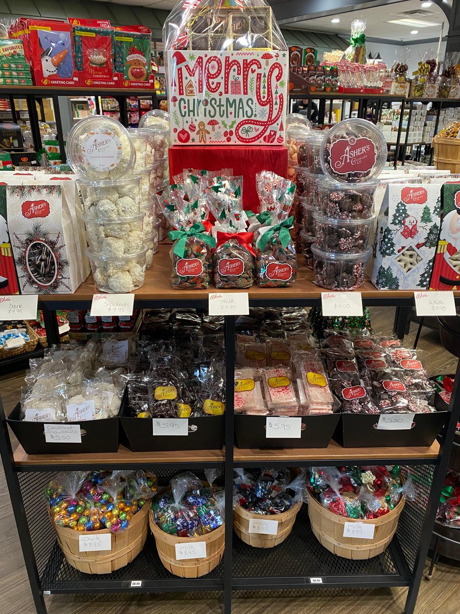 AshersChocolate's tweet photo. Our Retail stores are shining with red &amp; green! We have chocolate gift baskets, everything peppermint, and more! Stop by and grab some holiday goodies!​

#asherschocolates #chocolate #christmas #holidaygifts https://t.co/eAqksseYa7