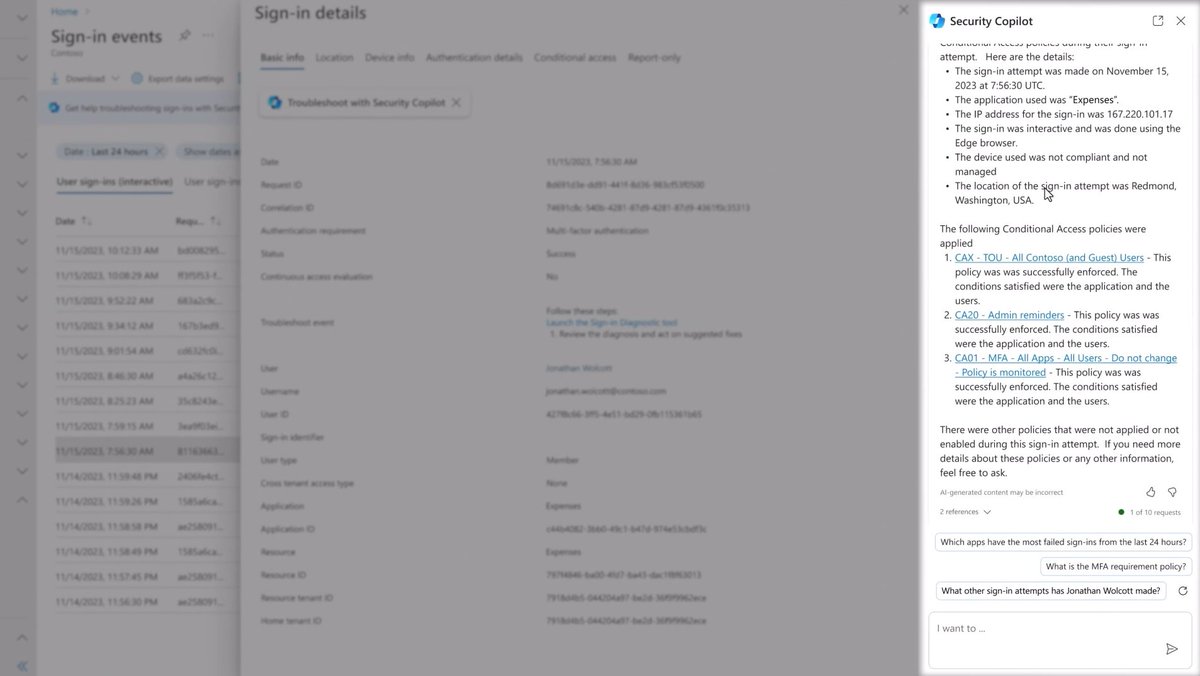 YusufsDSBlog's tweet photo. ENTRA ID folks: Security Copilot makes the Life of Identity folks also easier. For eg Ask Security Copilot in the Entra ID Sign-In Logs "Why JaneDoe was prompted for MFA" and you'll get an answer in natural language from Security Copilot in a faster way: https://t.co/Y3bxt7fmaF https://t.co/apre0Jxu2Q