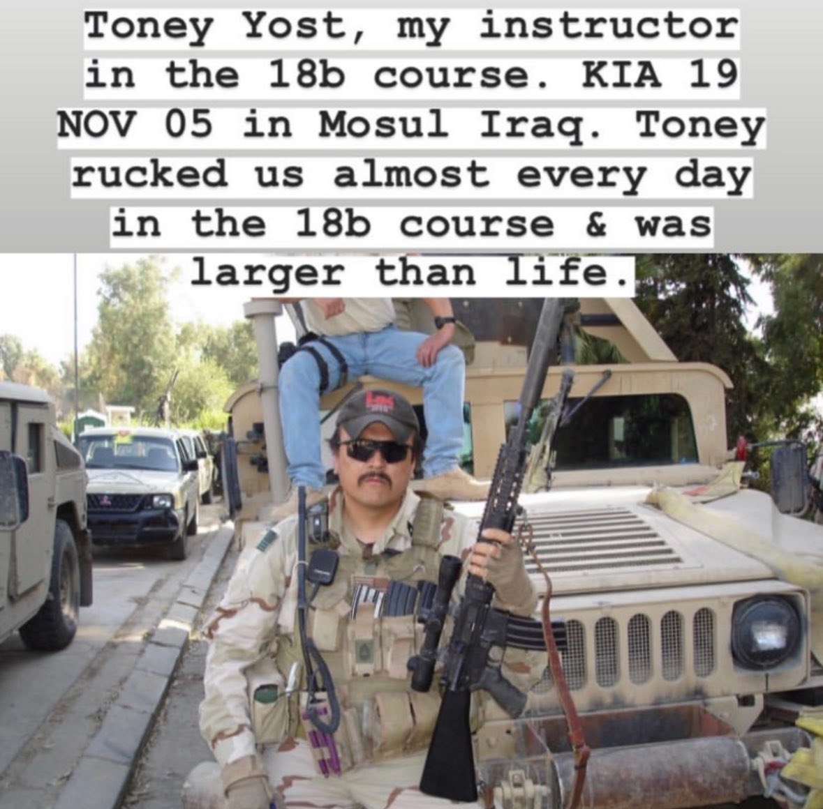 RIP MSG Toney Yost, he was killed leading the charge into battle 18 years ago. Toney influenced a generation of Special Forces weapons SGTs & led his ODA in combat with valor. He was always quick with a joke & long / heavy ruck. DOL brother.