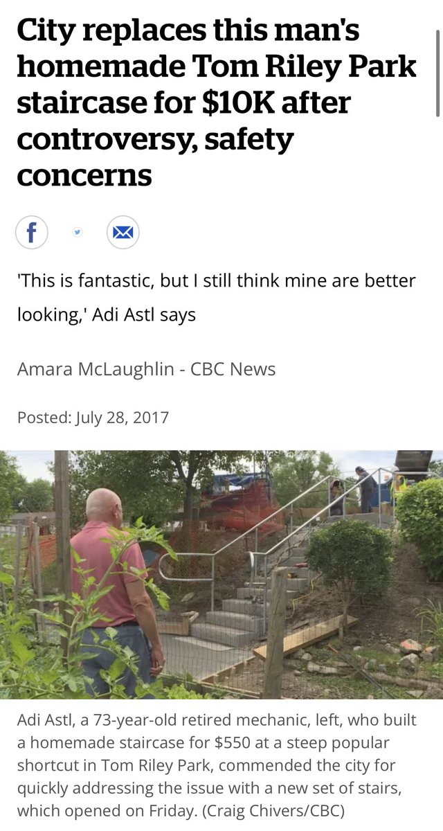 EricDLombardi's tweet image. Yes this was an illustrative story.

- Toronto man built stairs for a park that needed them for $550 after city quoted $65k-$150k cost

- It really cost the city $10k but it took months

- The $550 stairs weren’t perfect but were simple and nice.
