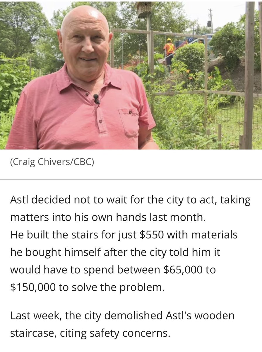 EricDLombardi's tweet image. Yes this was an illustrative story.

- Toronto man built stairs for a park that needed them for $550 after city quoted $65k-$150k cost

- It really cost the city $10k but it took months

- The $550 stairs weren’t perfect but were simple and nice.