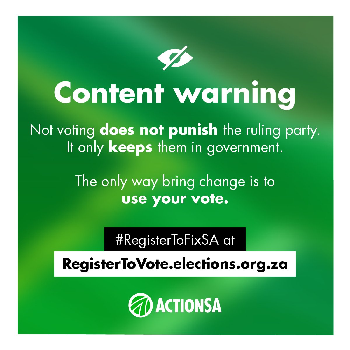Action4SA's tweet image. There are less than 2 hours left of registration weekend - You have until 5pm!

Remember, you can also register to vote ONLINE at registertovote.elections.org.za - It doesn't take long!

It's our responsibility to get everyone involved 💚

#EachOneBringOne and let's #RegisterToFixSA